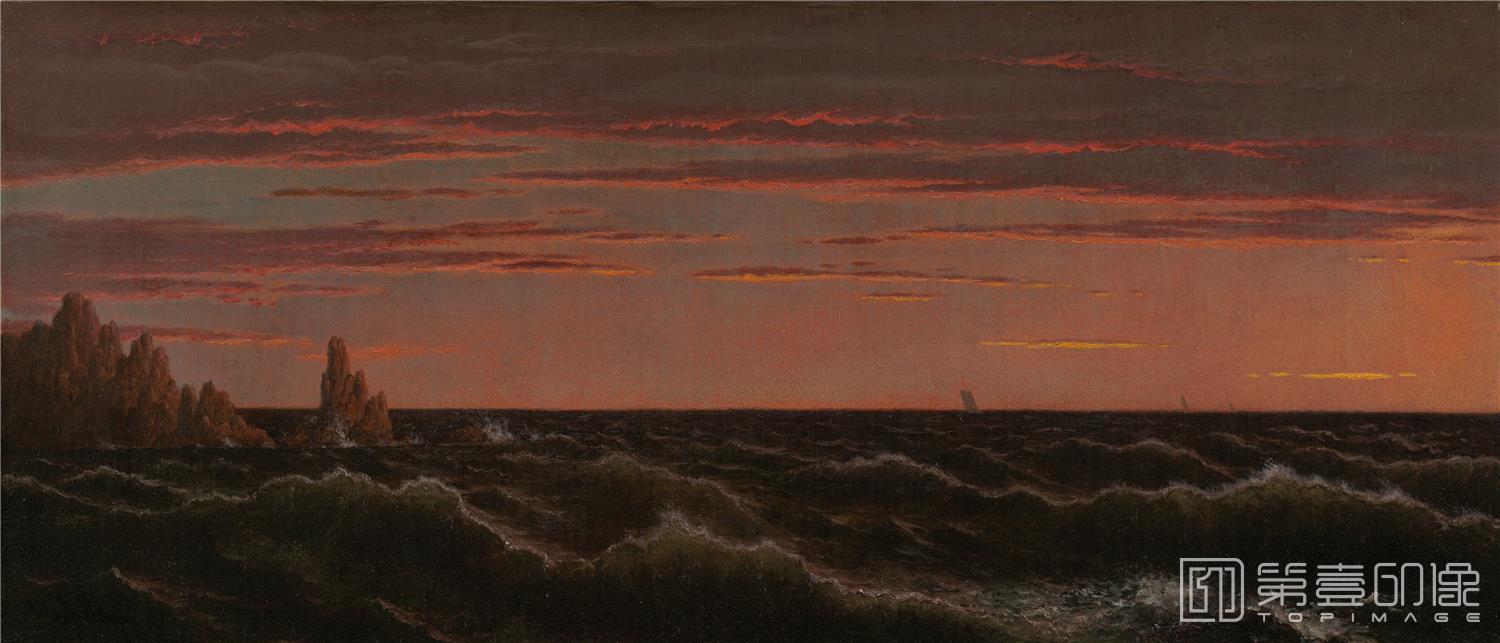 油画-美国阿特金森美术馆-Martin Johnson Heade-Sunset on the Rocks-Newport, .tifMartin Johnson Heade - Sunset on the Rocks-Newport-342